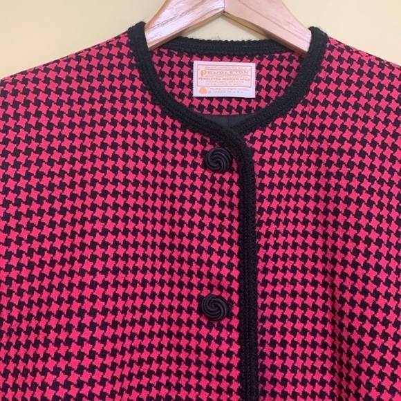 Pendleton Vintage Raspberry Red Black Houndstooth Wool Button Blazer Jacket 10 - Picture 9 of 17